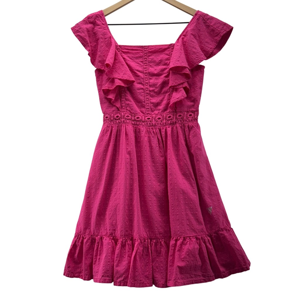 Guess Los Angeles Dress‎ Ruffle Trimmed Cotton Pink Size 14 Rhinestone Detail